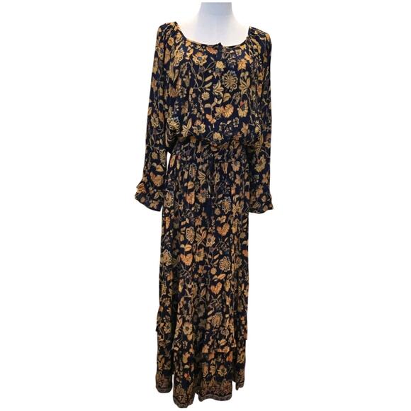 Lola P Women's Boho Tiered Smocked Tassle Waist Maxi Dress Sz XL Ruffle Modest - Picture 1 of 9